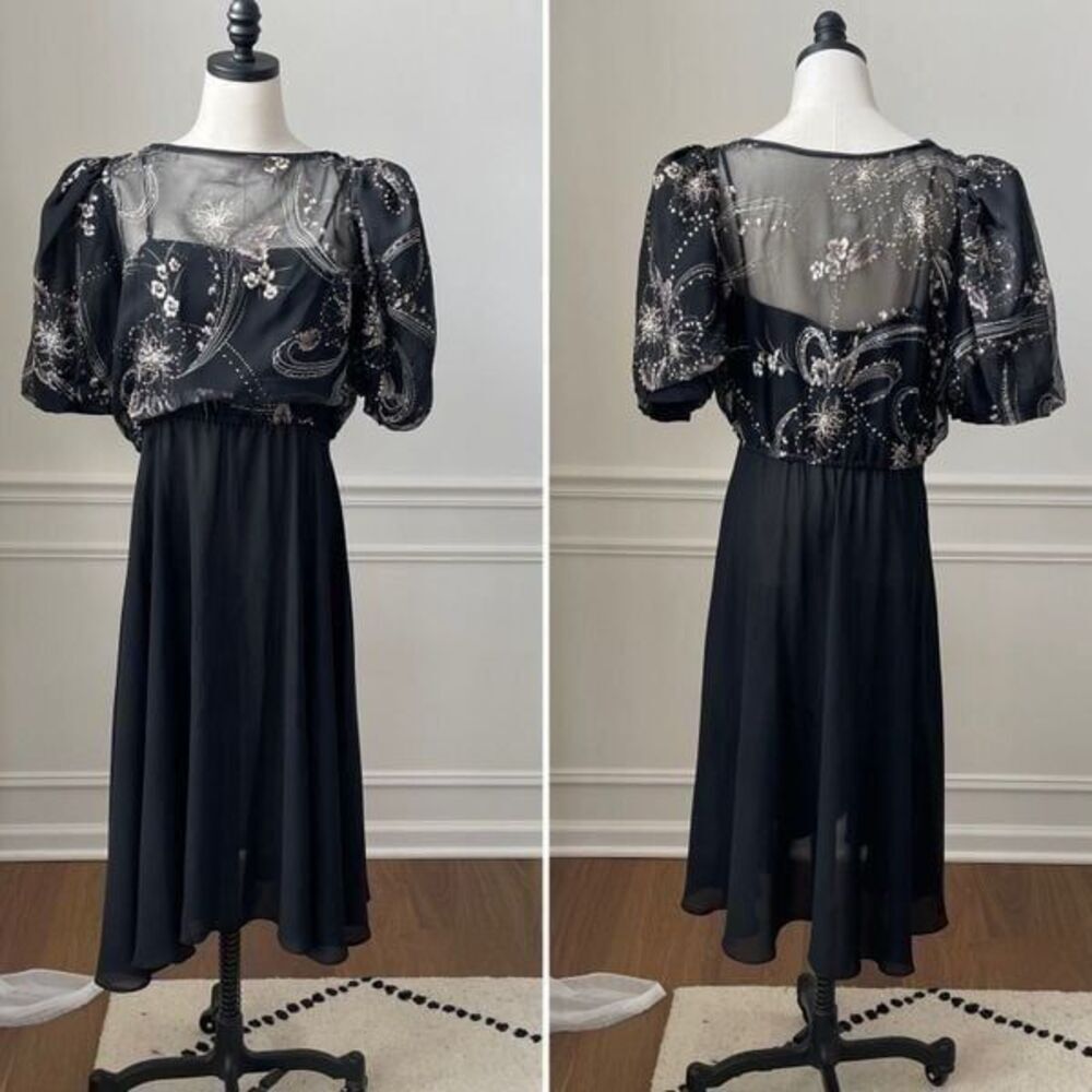 Black Blouson Top Pouf Sleeve Midi Dress L